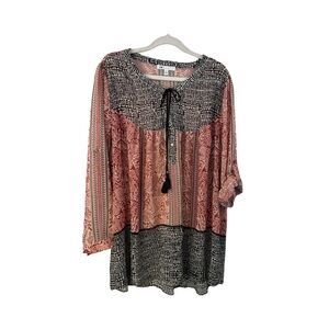 DR2 Red & Black 3/4 Roll Tab Sleeve Semi Sheer Peasant Blouse Size 2X bohemian